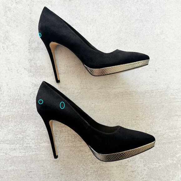 JESSICA SIMPSON Analista Platform Pump, Black Faux Suede with Silver Platform - Picture 15 of 15